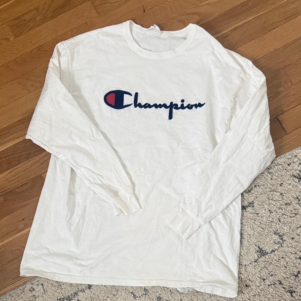 Champion White Long Sleeve Shirt with Navy Logo and Red Accent